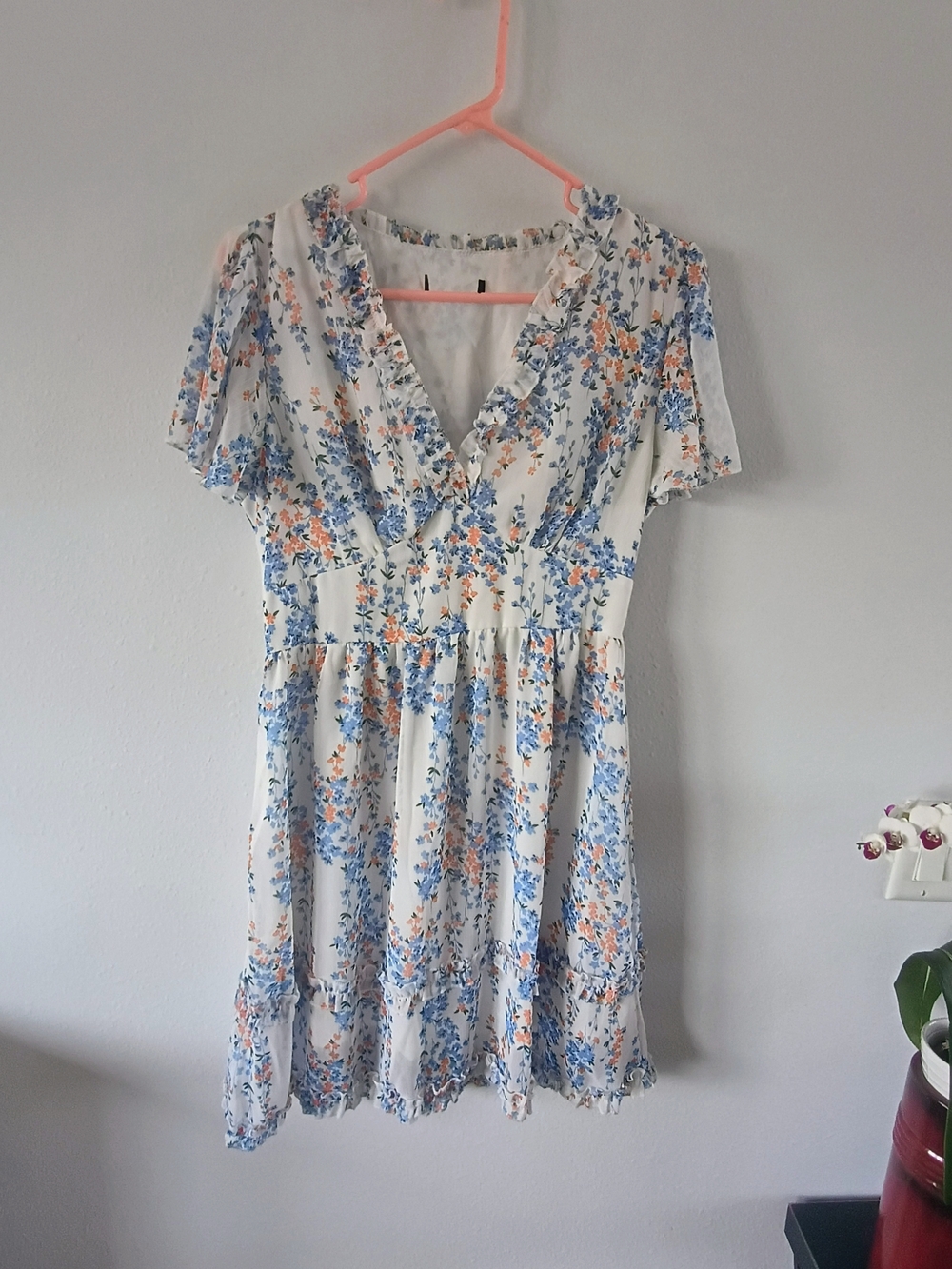 Floral Babydoll Dress Small White Blue Peach Ruffle Flowy Cottagecore